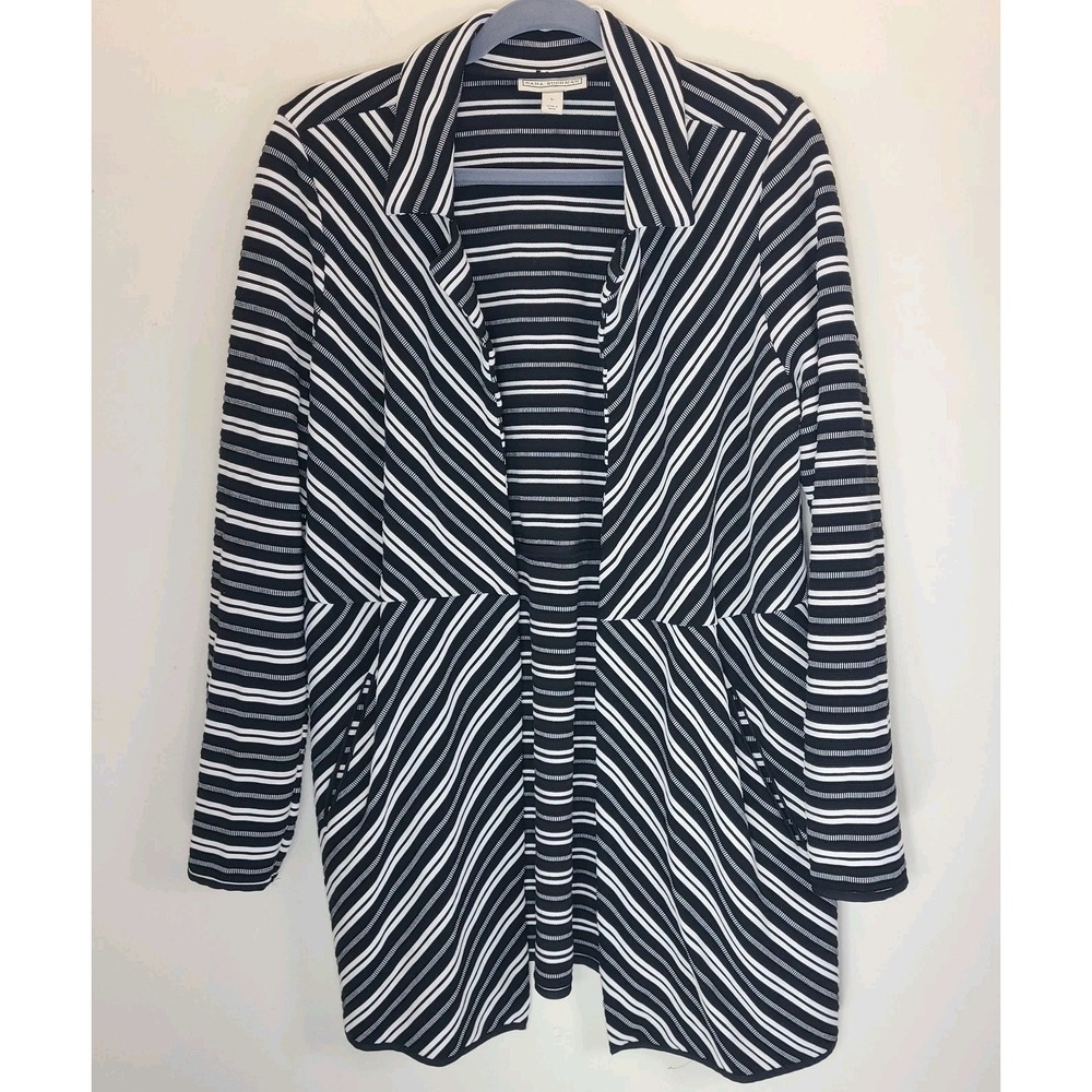 Dana Buchman Striped Open Front Blazer Cardigan L Black White Heavy Rayon EUC